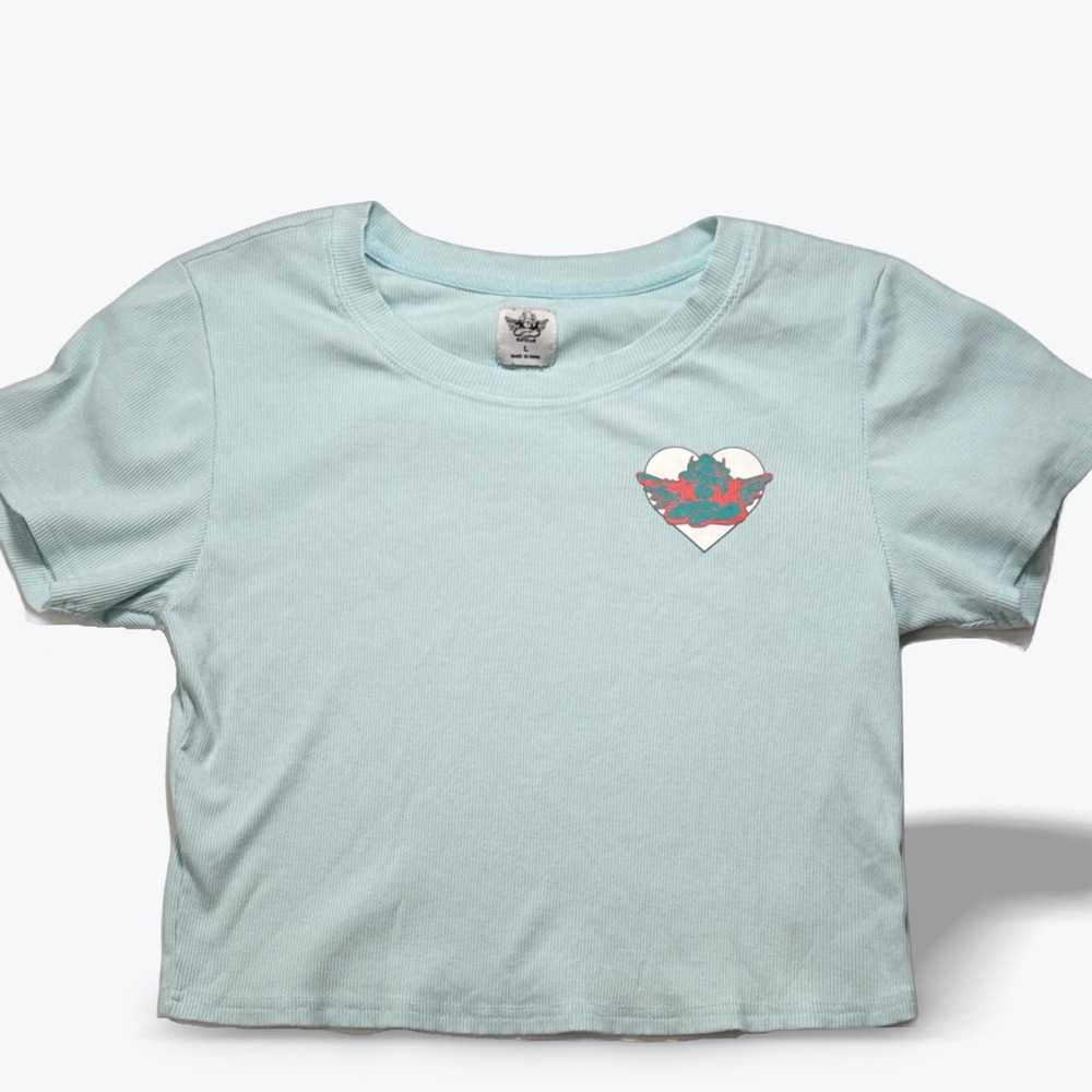 Boys Lie Crop Top Tee Women Light Blue Ribbed Cherub Heart Graphic Size L